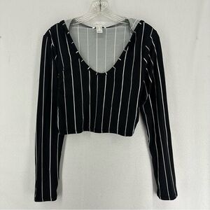 Revamped Long Sleeve Cropped Striped Hooded Top Women’s M Black